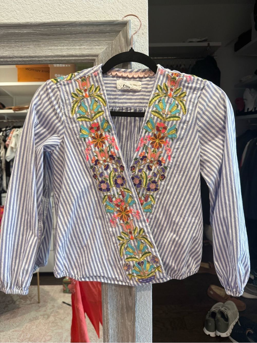 Anthropologie Blue & White Striped Embroidered Crop Top